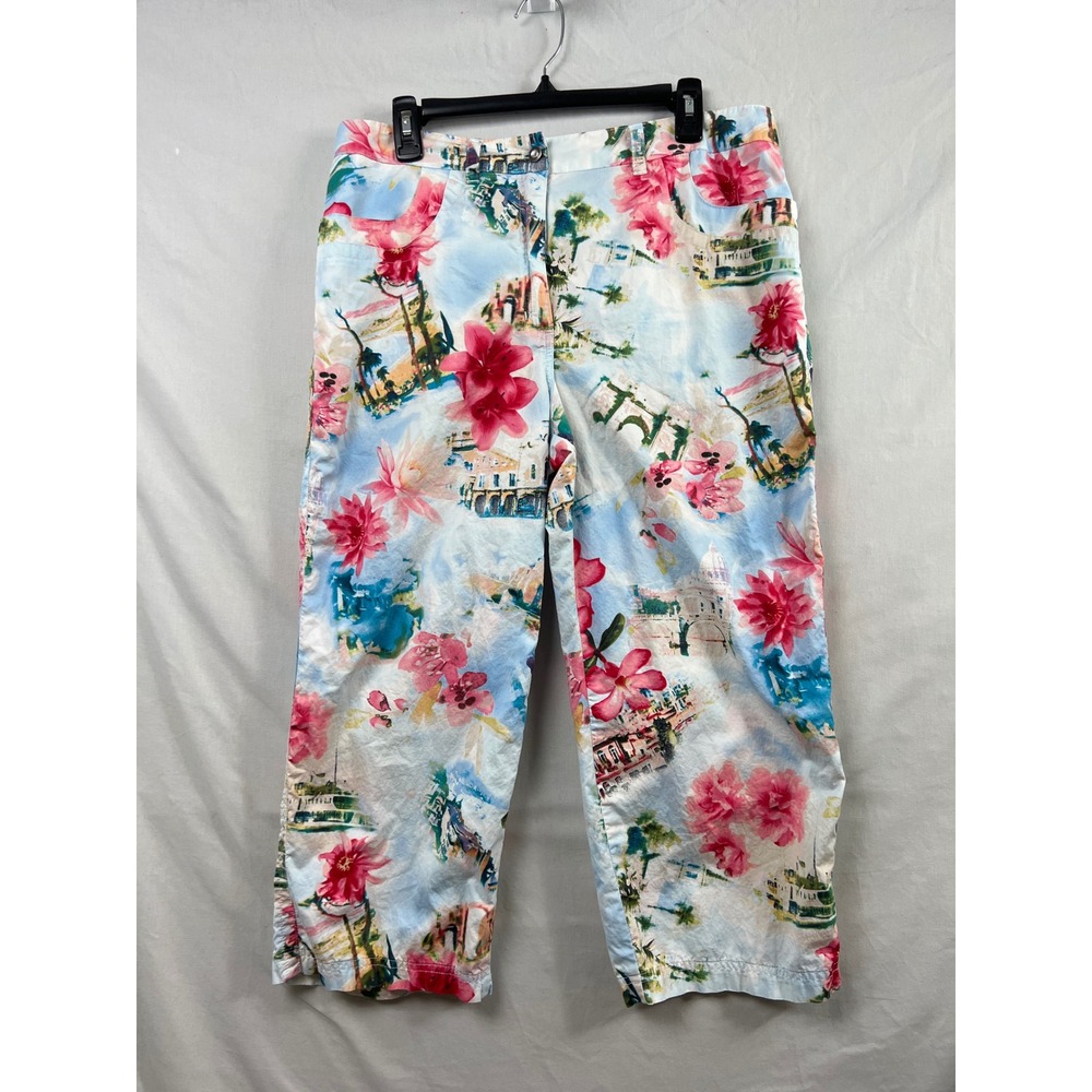 Chico's 2.5 Tropical Floral Capri Pants Womens 14 Capri Blue Pink Cotton Beach